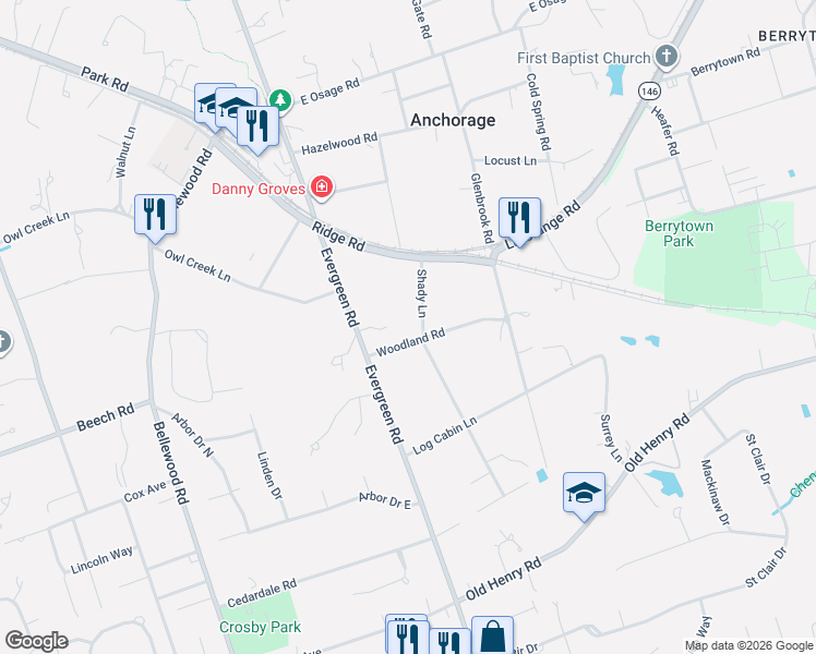 map of restaurants, bars, coffee shops, grocery stores, and more near 11901 Woodland Road in Louisville