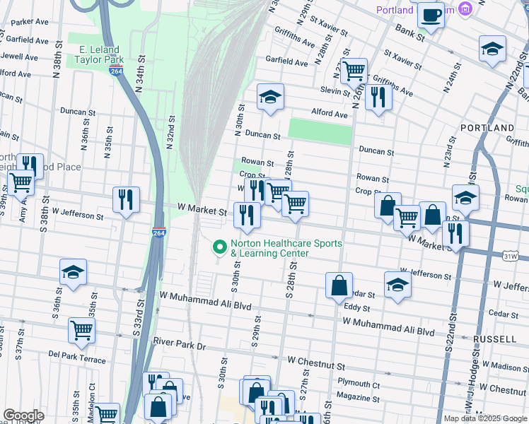 map of restaurants, bars, coffee shops, grocery stores, and more near 2819 Pirtle Street in Louisville