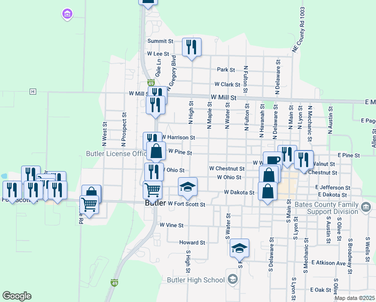 map of restaurants, bars, coffee shops, grocery stores, and more near 608 West Pine Street in Butler