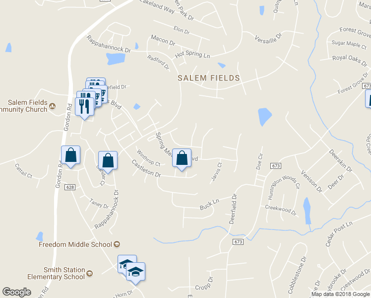 map of restaurants, bars, coffee shops, grocery stores, and more near 11108 Palladium Way in Fredericksburg
