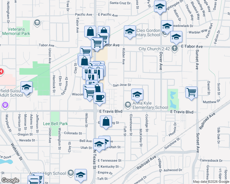 map of restaurants, bars, coffee shops, grocery stores, and more near 1660 Glenmore Drive in Fairfield