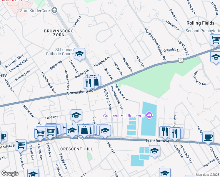 map of restaurants, bars, coffee shops, grocery stores, and more near 260 Pennsylvania Avenue in Louisville