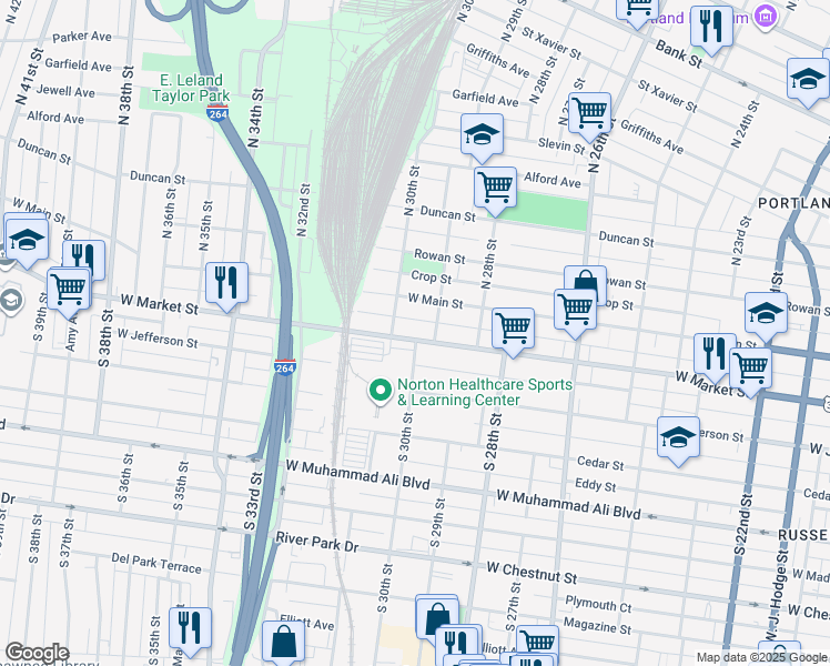 map of restaurants, bars, coffee shops, grocery stores, and more near 2913 West Market Street in Louisville