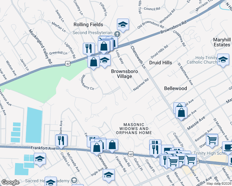 map of restaurants, bars, coffee shops, grocery stores, and more near 213 Pepperbush Road in Louisville
