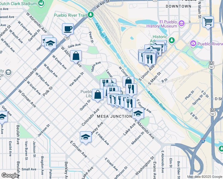 map of restaurants, bars, coffee shops, grocery stores, and more near 100 Lamar Avenue in Pueblo