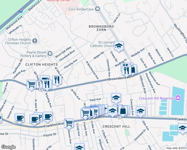 map of restaurants, bars, coffee shops, grocery stores, and more near 306 North Birchwood Avenue in Louisville