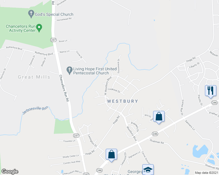 map of restaurants, bars, coffee shops, grocery stores, and more near 21380 Lookout Drive in Lexington Park