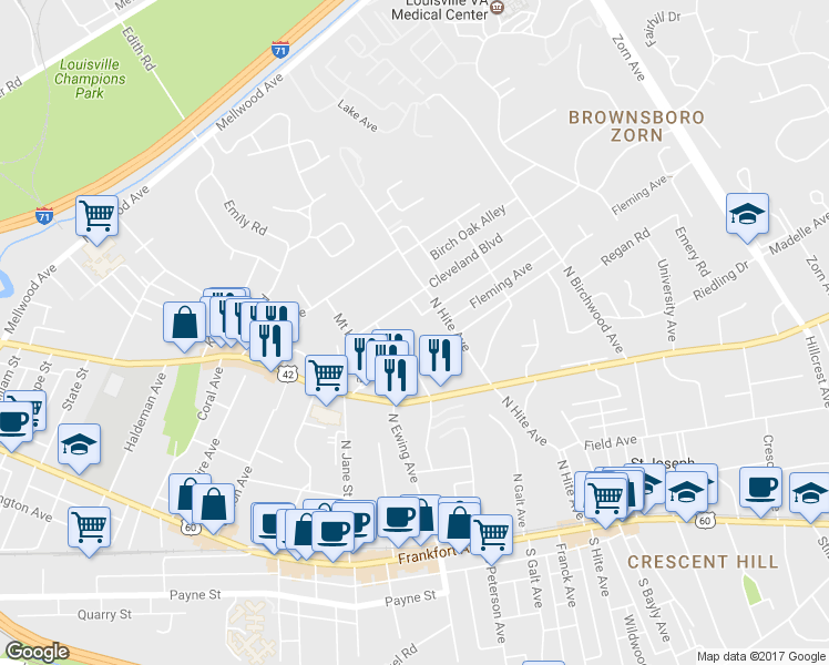 map of restaurants, bars, coffee shops, grocery stores, and more near 333 Idlewylde Drive in Louisville