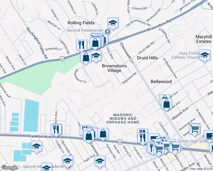 map of restaurants, bars, coffee shops, grocery stores, and more near 213 Pepperbush Road in Louisville
