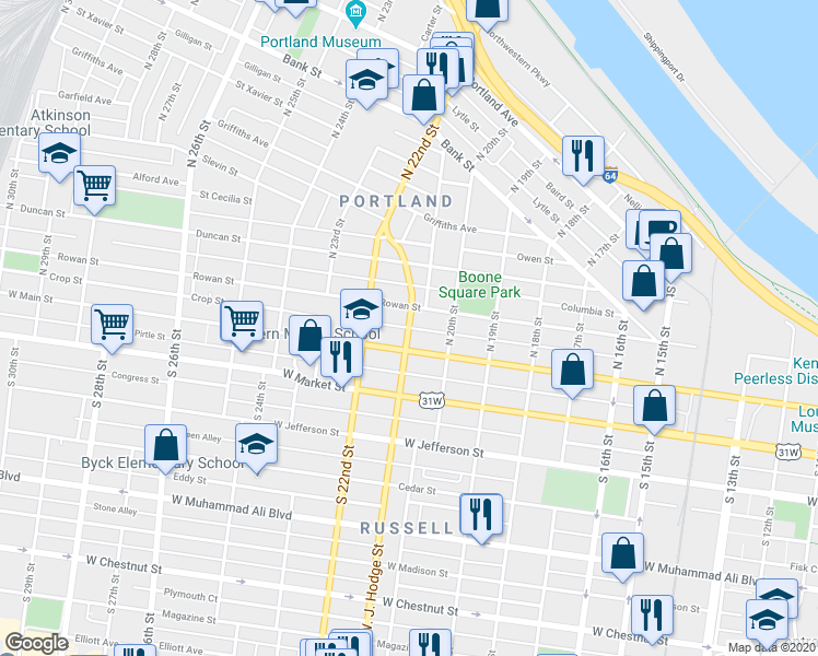 map of restaurants, bars, coffee shops, grocery stores, and more near 109 Doctor West J Hodge Street in Louisville