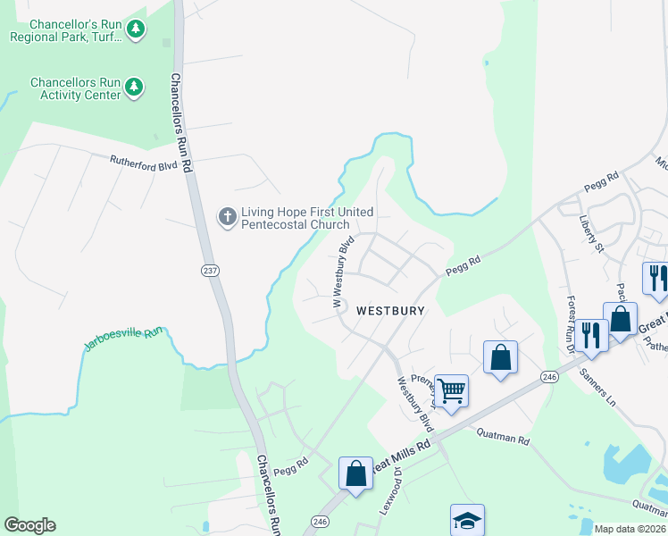 map of restaurants, bars, coffee shops, grocery stores, and more near 46029 West Westbury Boulevard in Lexington Park