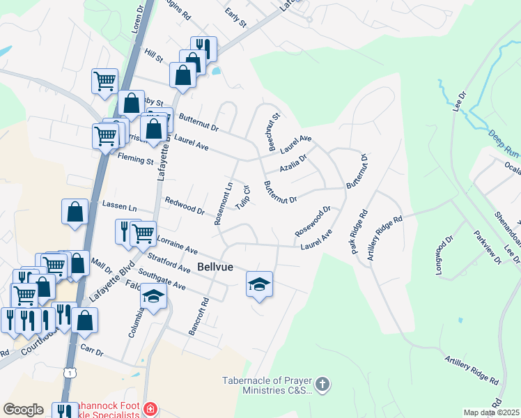 map of restaurants, bars, coffee shops, grocery stores, and more near 320 Tulip Place in Fredericksburg