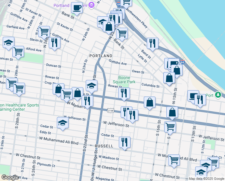 map of restaurants, bars, coffee shops, grocery stores, and more near 2007 Crop Street in Louisville