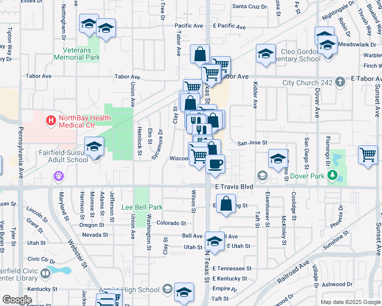map of restaurants, bars, coffee shops, grocery stores, and more near 1707 Arthur Court in Fairfield