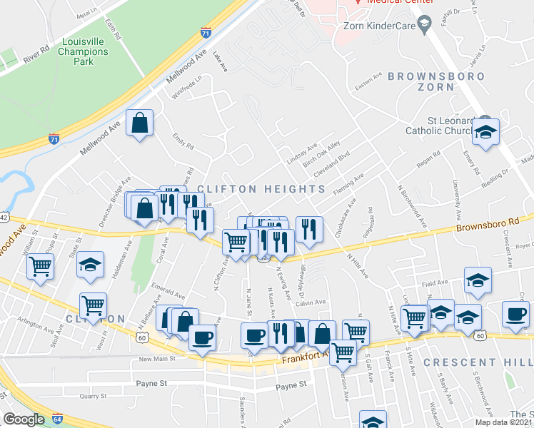 map of restaurants, bars, coffee shops, grocery stores, and more near 212 Nob Hill Lane in Louisville