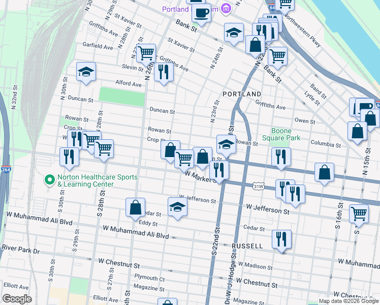 map of restaurants, bars, coffee shops, grocery stores, and more near 2331 West Main Street in Louisville