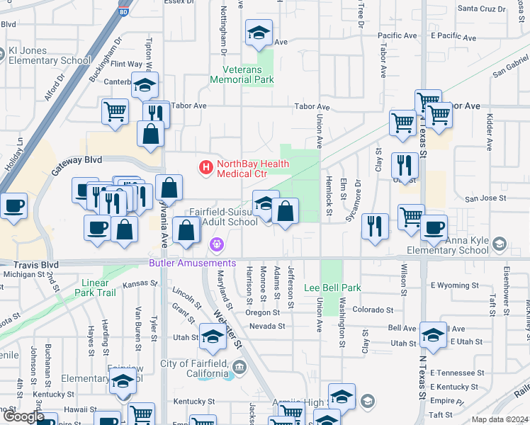 map of restaurants, bars, coffee shops, grocery stores, and more near 900 Travis Boulevard in Fairfield