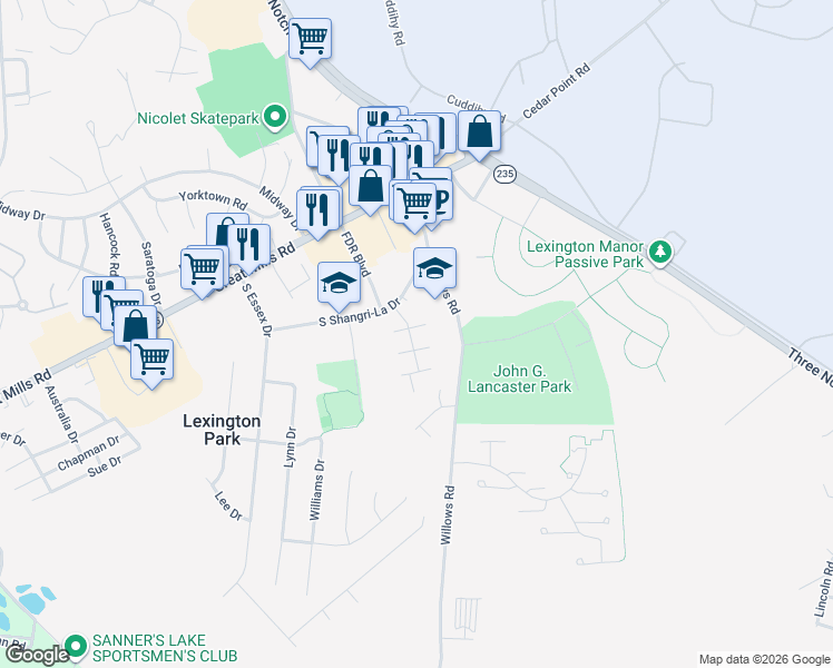 map of restaurants, bars, coffee shops, grocery stores, and more near 46849 Flower Drive in Lexington Park
