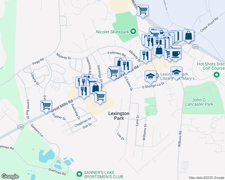 map of restaurants, bars, coffee shops, grocery stores, and more near 21606 Great Mills Rd in Lexington Park