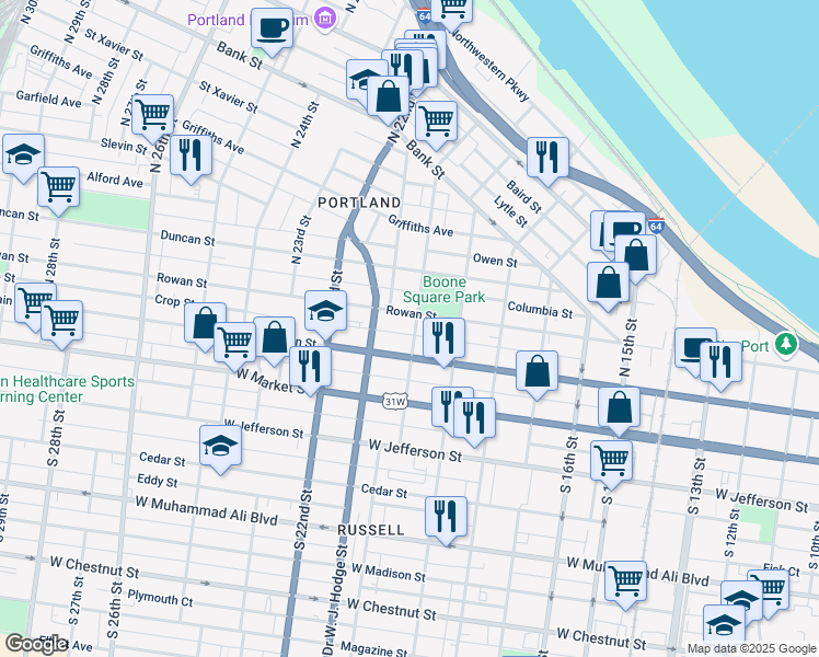 map of restaurants, bars, coffee shops, grocery stores, and more near 2007 Crop Street in Louisville