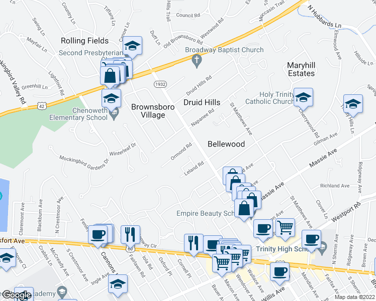 map of restaurants, bars, coffee shops, grocery stores, and more near 3830 Ormond Road in Louisville