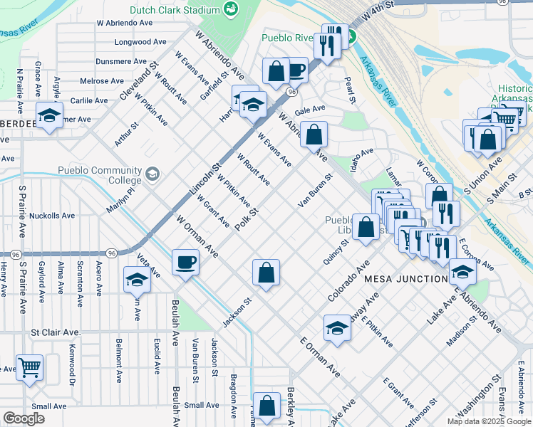 map of restaurants, bars, coffee shops, grocery stores, and more near 423 West Pitkin Avenue in Pueblo