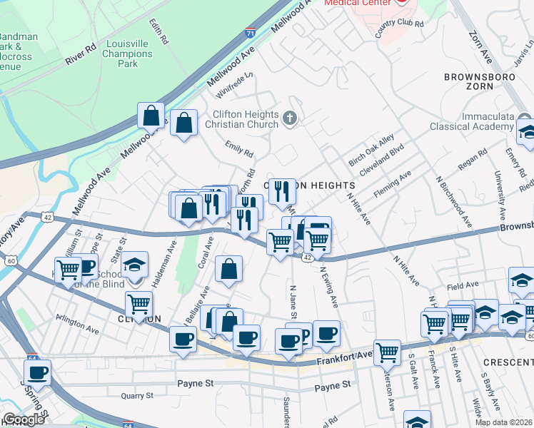 map of restaurants, bars, coffee shops, grocery stores, and more near 408 Lindsay Court in Louisville