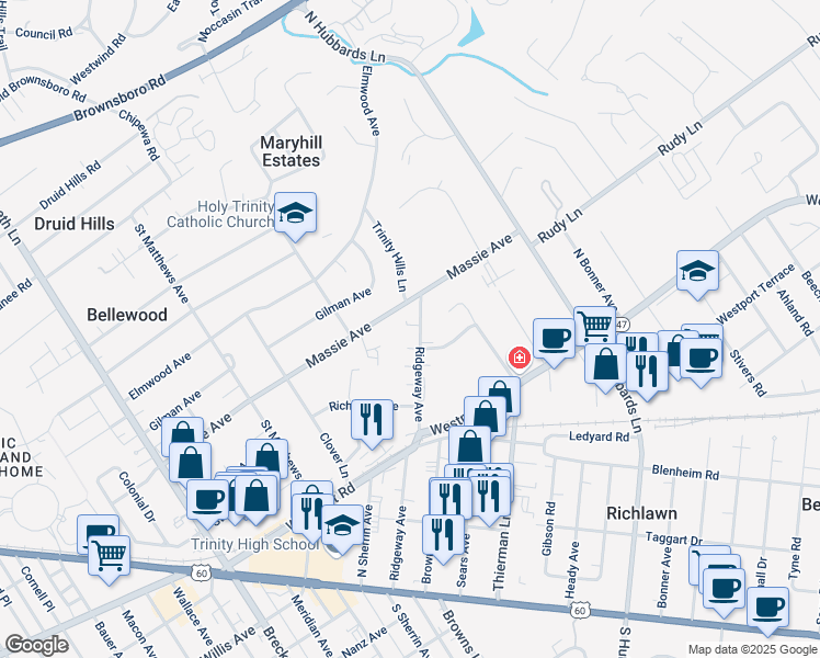 map of restaurants, bars, coffee shops, grocery stores, and more near 356 Ridgeway Avenue in Louisville