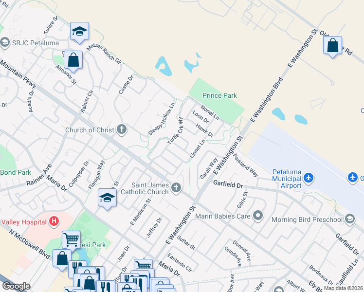 map of restaurants, bars, coffee shops, grocery stores, and more near 388 Sparrow Lane in Petaluma