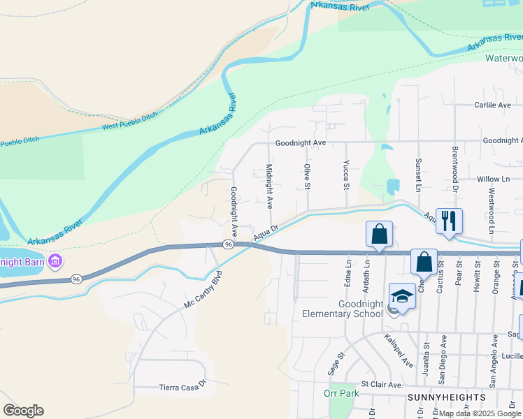 map of restaurants, bars, coffee shops, grocery stores, and more near 455 Midnight Avenue in Pueblo