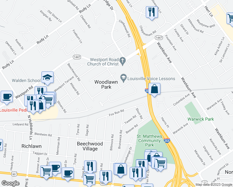 map of restaurants, bars, coffee shops, grocery stores, and more near 6888 Green Meadow Circle in Louisville