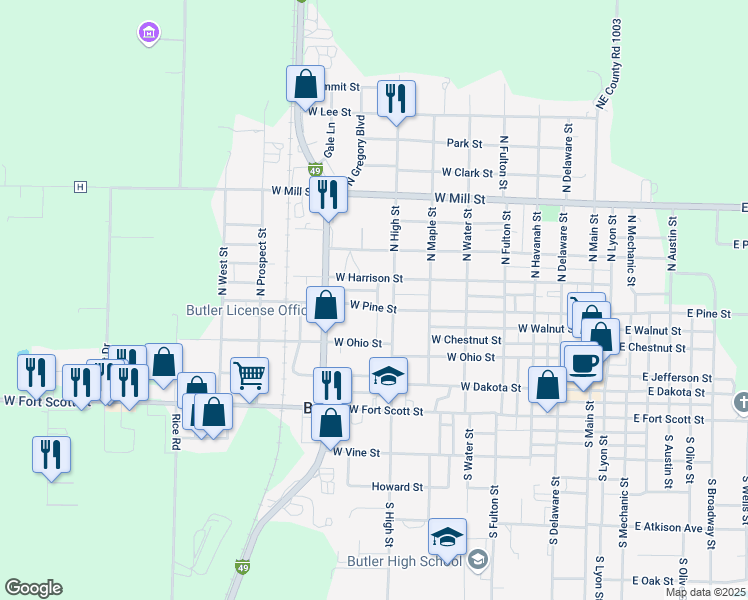 map of restaurants, bars, coffee shops, grocery stores, and more near 608 West Pine Street in Butler