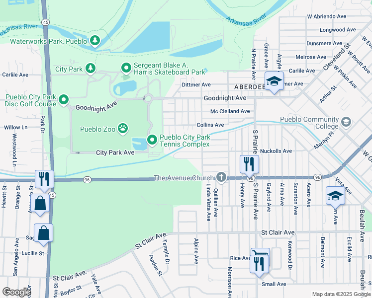 map of restaurants, bars, coffee shops, grocery stores, and more near 3225 Nuckolls Avenue in Pueblo
