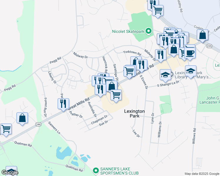 map of restaurants, bars, coffee shops, grocery stores, and more near Saint Marys Square in Lexington Park