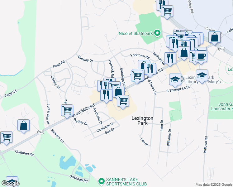 map of restaurants, bars, coffee shops, grocery stores, and more near Saint Marys Square in Lexington Park