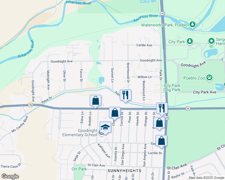map of restaurants, bars, coffee shops, grocery stores, and more near 4118 Aqua Drive in Pueblo