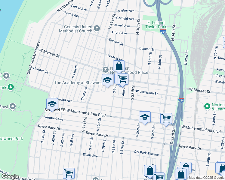 map of restaurants, bars, coffee shops, grocery stores, and more near 238 South 39th Street in Louisville