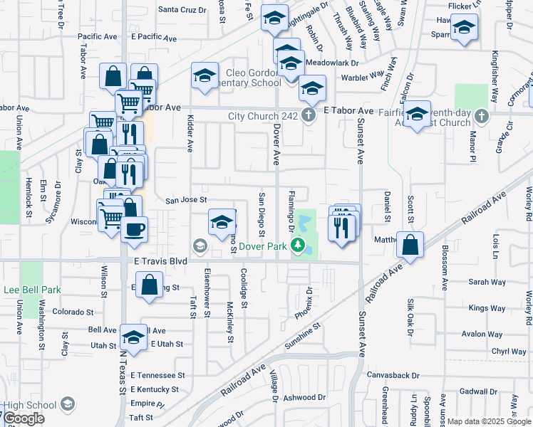 map of restaurants, bars, coffee shops, grocery stores, and more near 1672 Dover Avenue in Fairfield
