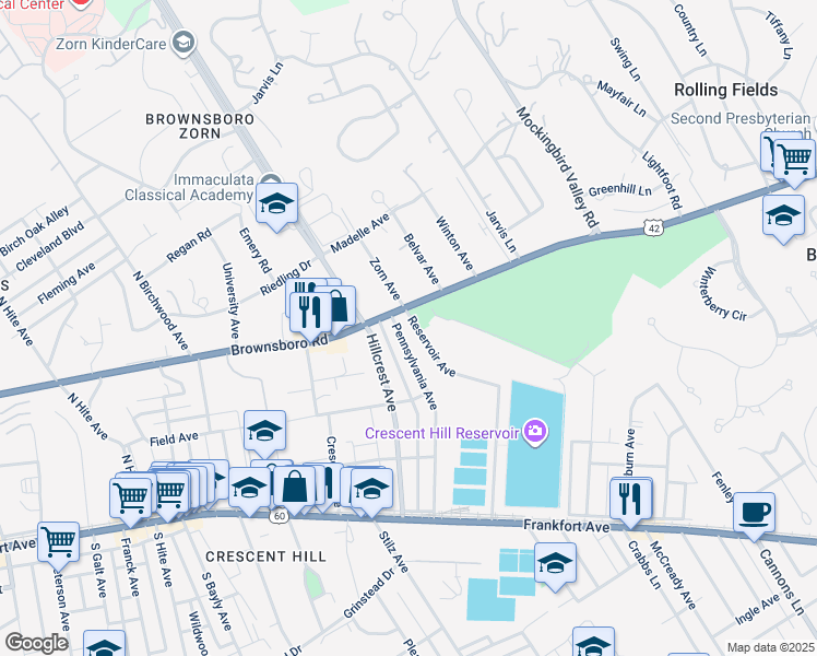 map of restaurants, bars, coffee shops, grocery stores, and more near 260 Pennsylvania Avenue in Louisville