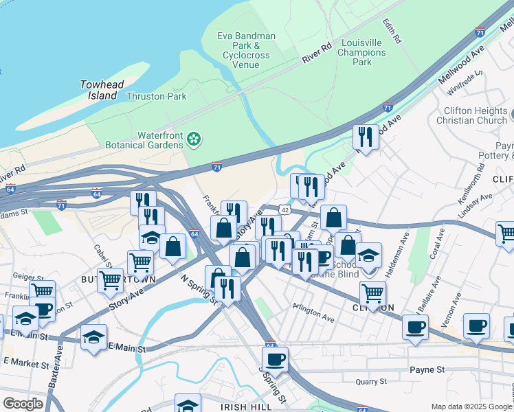 map of restaurants, bars, coffee shops, grocery stores, and more near 1635 Story Avenue in Louisville