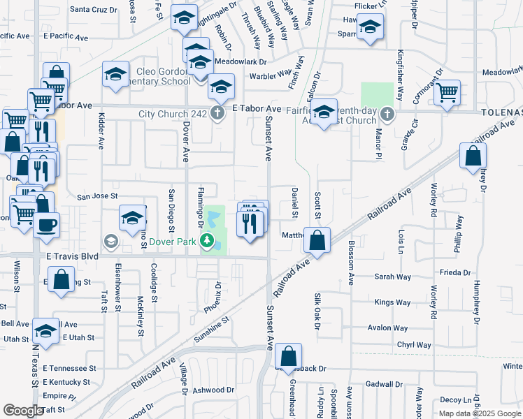 map of restaurants, bars, coffee shops, grocery stores, and more near 1695 Sunset Avenue in Fairfield