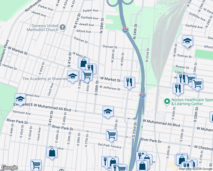 map of restaurants, bars, coffee shops, grocery stores, and more near 3611 West Jefferson Street in Louisville