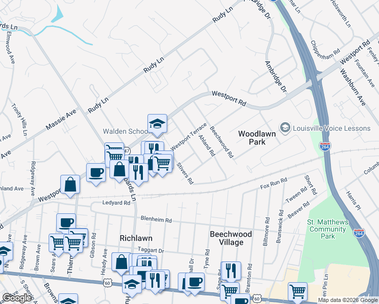 map of restaurants, bars, coffee shops, grocery stores, and more near 4247 Middlebrook Road in Louisville