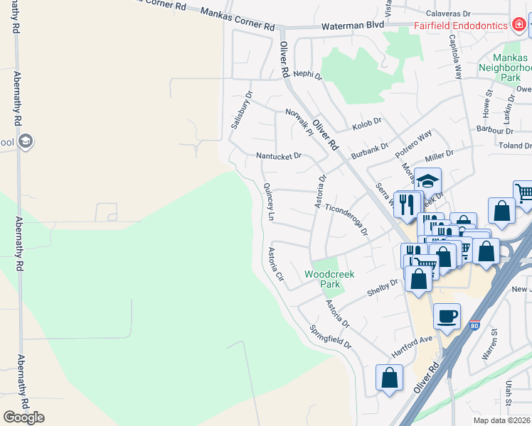 map of restaurants, bars, coffee shops, grocery stores, and more near 1669 Quincey Lane in Fairfield
