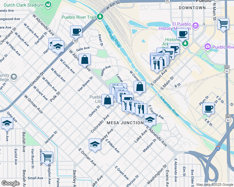 map of restaurants, bars, coffee shops, grocery stores, and more near 100 Lamar Avenue in Pueblo