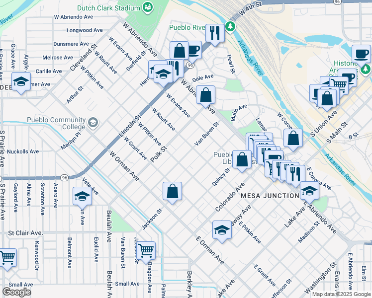 map of restaurants, bars, coffee shops, grocery stores, and more near 307 Van Buren Street in Pueblo