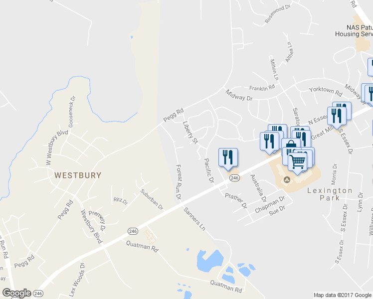 map of restaurants, bars, coffee shops, grocery stores, and more near 46295 Mako Way in Lexington Park