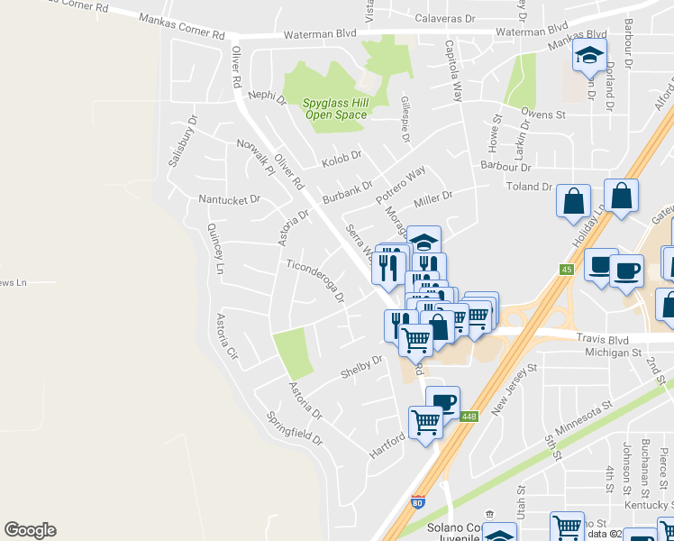 map of restaurants, bars, coffee shops, grocery stores, and more near 3214 Pelham Court in Fairfield