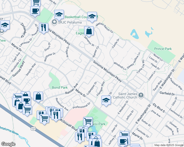 map of restaurants, bars, coffee shops, grocery stores, and more near 433 Acadia Drive in Petaluma
