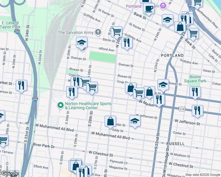 map of restaurants, bars, coffee shops, grocery stores, and more near 2606 West Main Street in Louisville